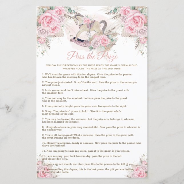 Rocking Horse Pink Pampas Baby Pass the Prize Game (Front)