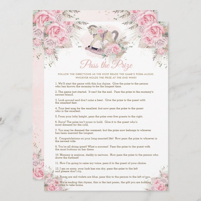 Rocking Horse Pink Pampas Baby Pass the Prize Game Invitation (Front/Back)