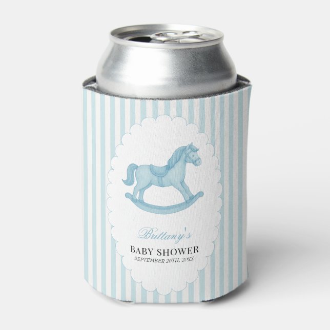 Rocking Horse Preppy Bear Blue Baby Shower  Can Cooler (Can Front)