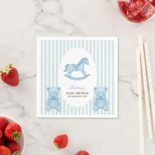 Rocking Horse Preppy Bear Blue Baby Shower Napkin