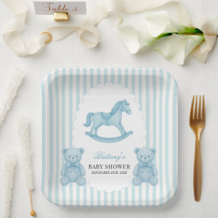 Rocking Horse Preppy Bear Blue Baby Shower Paper Plate