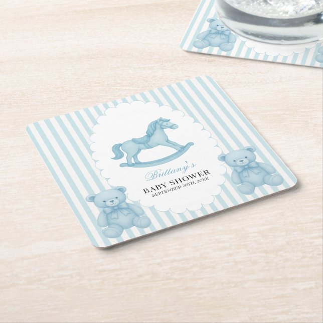 Rocking Horse Preppy Bear Blue Baby Shower  Square Paper Coaster (Angled)