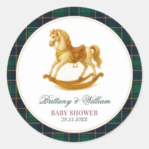 Rocking Horse Tartan Plaid Baby Shower  Classic Round Sticker