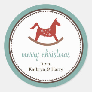 Rocking horse toy blue christmas holiday gift tag