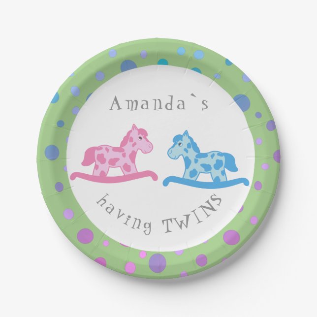 Rocking Horse Twins Baby Shower Party Paper Plate (Front)