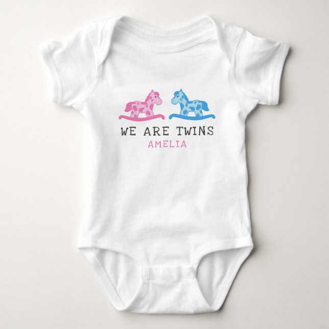 Rocking Horse Twins Boy Girl Name Baby Bodysuit (Front)