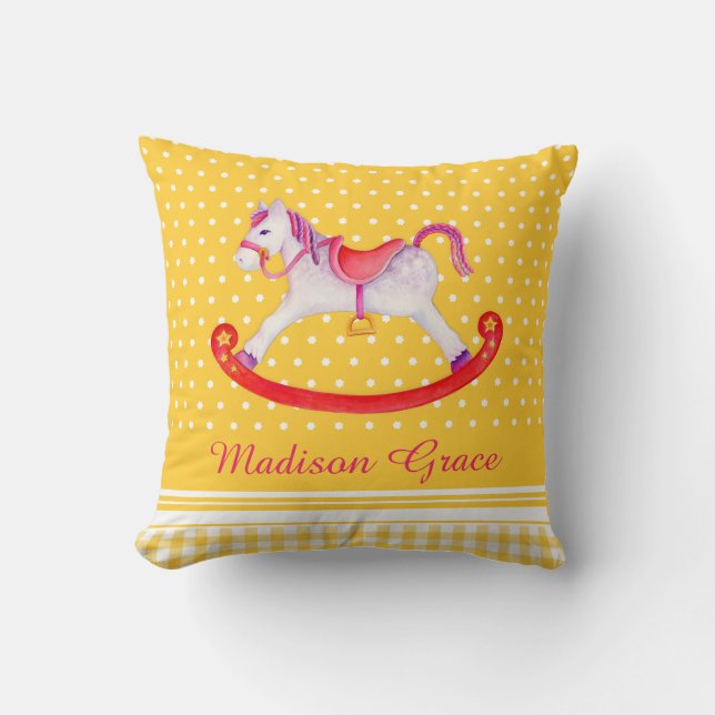 Rocking horse watercolor yellow named kids pillow (Front)