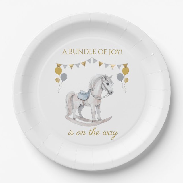Rocking horse with bunting flags paper plate (Front)