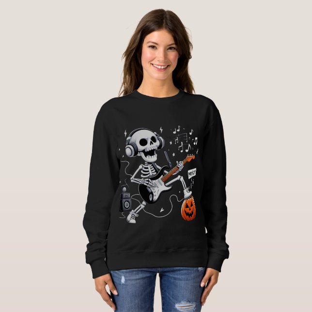 Rocking Skeleton Halloween Guitar Music Lover Tee (Front Full)