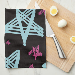 Rocking Stars Pink Blue Black  Tea Towel