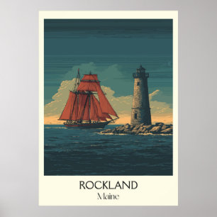 Rockland Maine Vintage Lighthouse Sailboat Art Poster