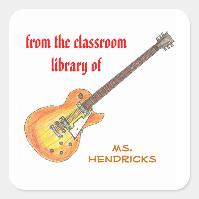 Rock'n'roll personalised teacher bookplate square sticker (Front)