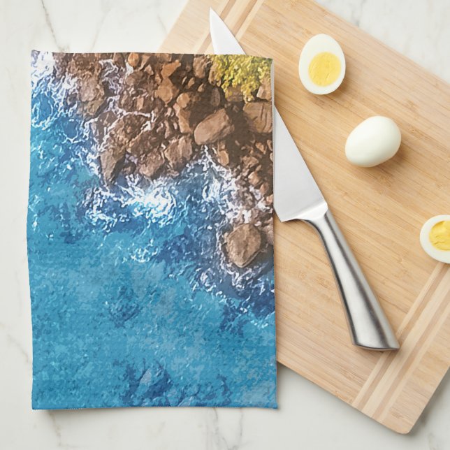 Rocks in the sea, above view 1 tea towel (Quarter Fold)