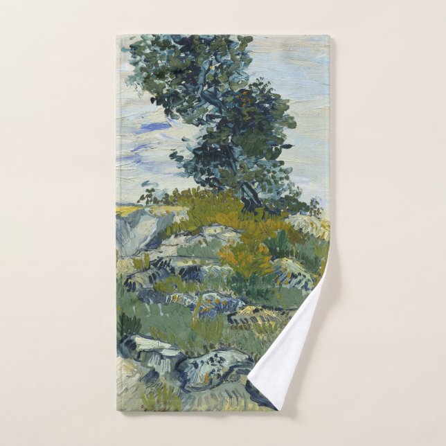 Rocks with Oak Tree, Van Gogh Oil Painting Hand Towel (Hand Towel)