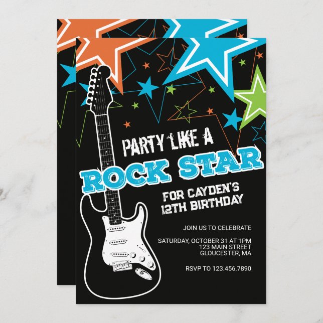 Rockstar Blue Orange guitar birthday Invitation (Front/Back)