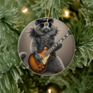 Rockstar Cat Playing Electric Guitar in Leather Ceramic Tree Decoration