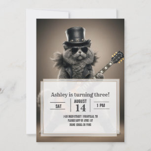 Rockstar Cat Playing Electric Guitar in Leather Invitation