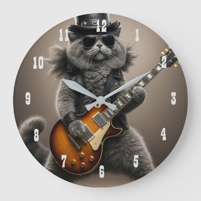 Rockstar Cat Playing Electric Guitar in Leather    Large Clock (Front)