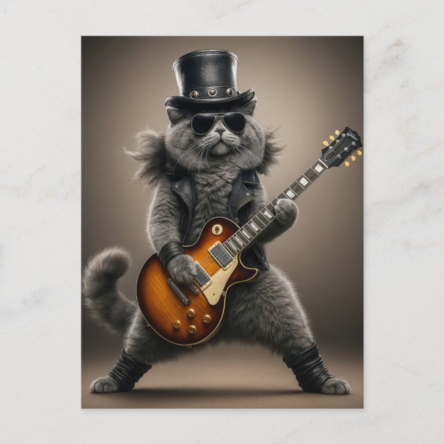 Rockstar Cat Playing Electric Guitar in Leather    Postcard (Front)