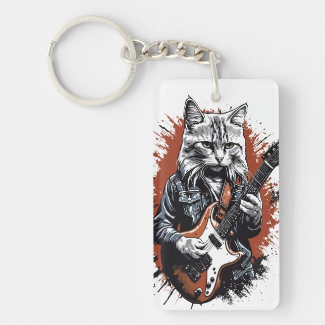 Rockstar Cat Shredding Guitar Key Ring (Front)