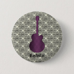 Rockstar Damask Guitar Button, Purple 6 Cm Round Badge