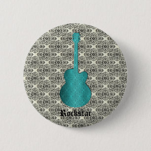 Rockstar Damask Guitar Button, Turquoise 6 Cm Round Badge