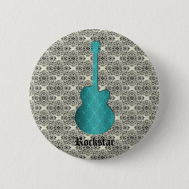 Rockstar Damask Guitar Button, Turquoise 6 Cm Round Badge (Front)