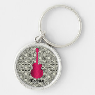 Rockstar Damask Guitar Keychain, Magenta Key Ring