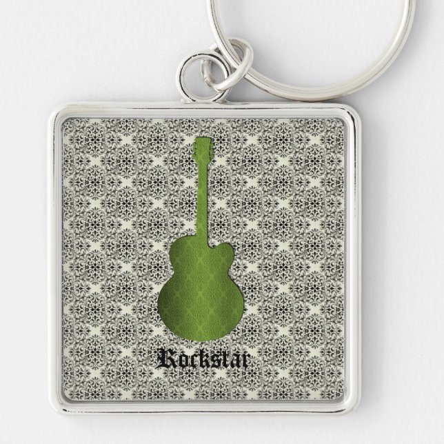 Rockstar Damask Guitar Keychain, Olive Green Key Ring (Front)