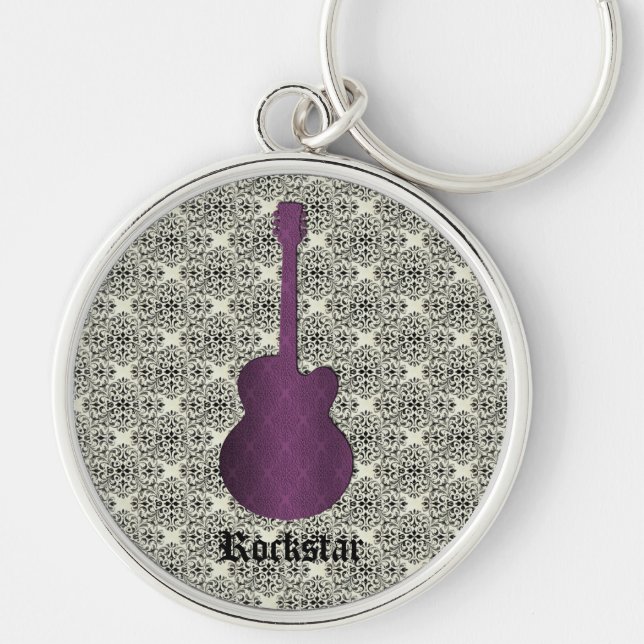 Rockstar Damask Guitar Keychain, Purple Key Ring (Front)