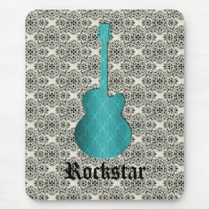 Rockstar Damask Guitar Mousepad, Turquoise Mouse Pad