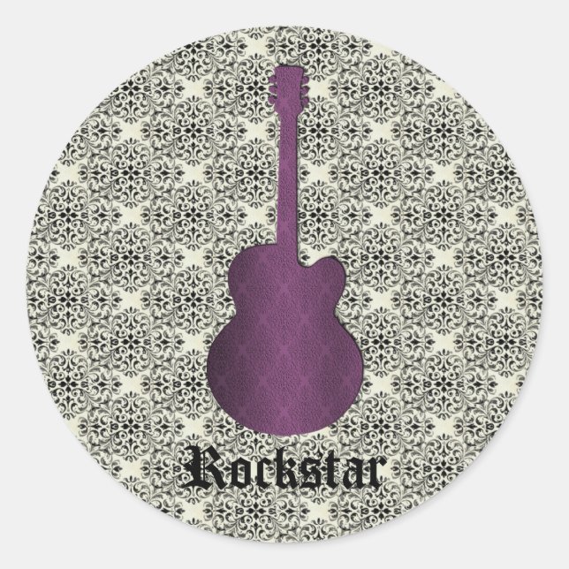 Rockstar Damask Guitar Stickers, Purple Classic Round Sticker (Front)