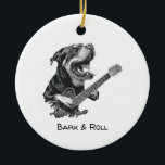Rockstar Dog Guitar – Vintage Music Animal Ceramic Tree Decoration<br><div class="desc">A bold and energetic illustration of a dog playing an electric guitar, captured in a detailed vintage engraving style. With its expressive pose and dynamic composition, this design brings together music, humor, and character in a striking black-and-white aesthetic. Perfect for music lovers, guitar players, dog enthusiasts, and fans of rock...</div>