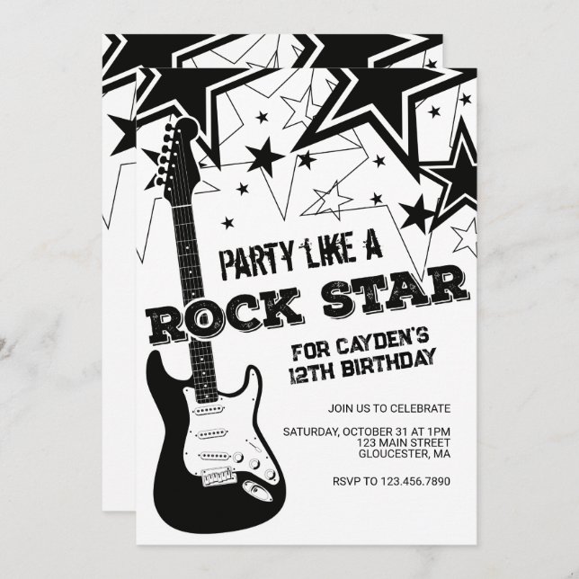 Rockstar guitar black and white birthday invitation (Front/Back)