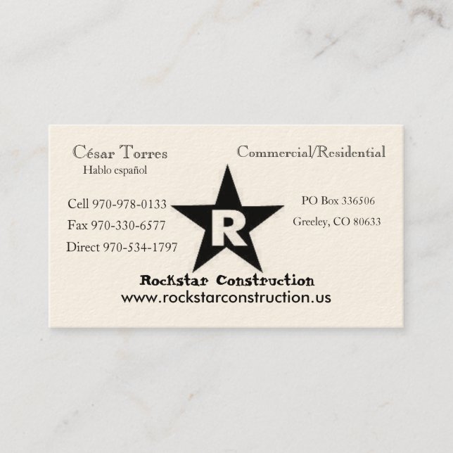 ROCKSTAR Logo, Rockstar Construction, Eric Andr... Business Card (Front)