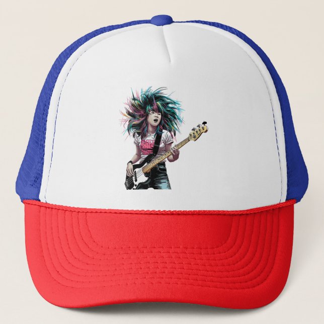 Rockstar Rhythm: Bass-Playing Asian Girl  Trucker Hat (Front)