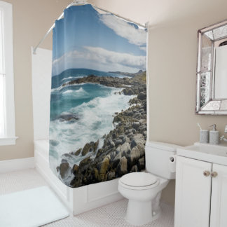 Rocky Beach Cove Ocean Waves Themed Shower Curtain
