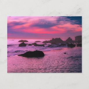 Rocky Beach with pink and purple sunset Post Card