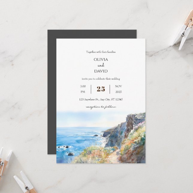 Rocky Cliff Trail Blue Ocean Waves Beach Wedding  Invitation (Front/Back In Situ)
