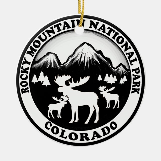 Rocky Mountain Nat Park black white circle Ceramic Tree Decoration (Front)