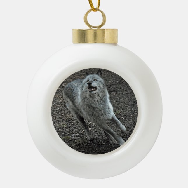 Rocky Mountain Wolf Ceramic Ball Christmas Ornament (Front)