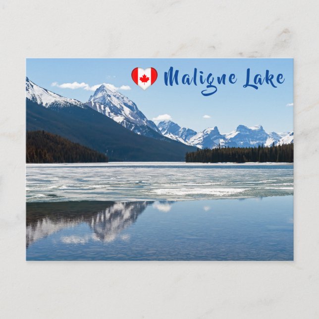 Rocky mountains reflecting in Maligne Lake Postcard (Front)