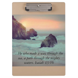 Rocky Ocean Shore and Sunset Bible Verse Clipboard