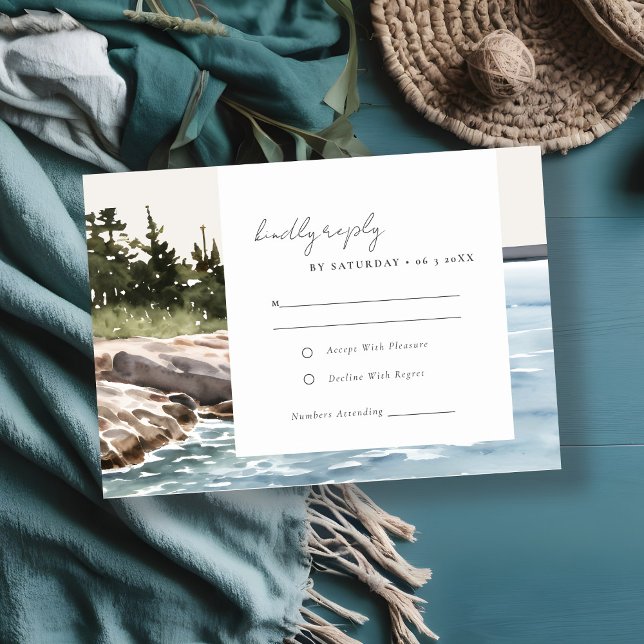 Rocky Pine Mountain Seascape Watercolor Wedding RSVP Card (Creator Uploaded)