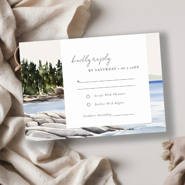 Rocky Pine Mountain Seascape Watercolor Wedding RSVP Card (Creator Uploaded)
