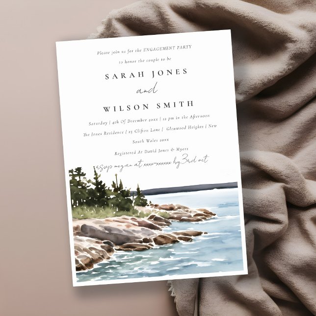 Rocky Pine Mountain Watercolor Seascape Engagement Invitation (Creator Uploaded)