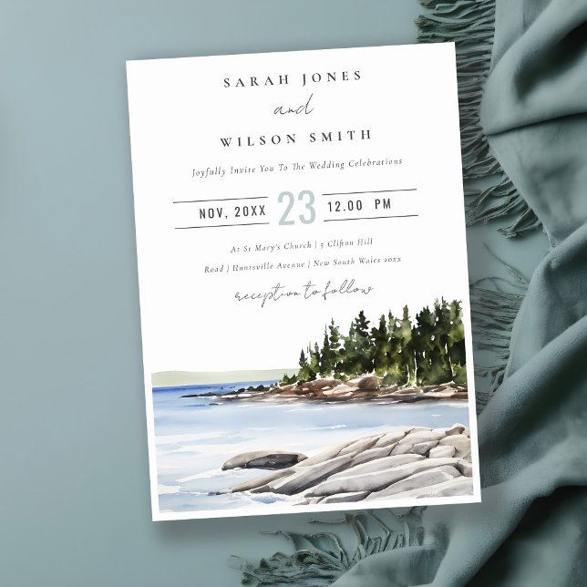 Rocky Pine Mountain Watercolor Seascape Wedding Invitation (Creator Uploaded)