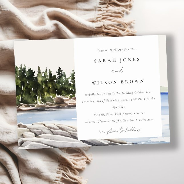 Rocky Pine Mountain Watercolor Seascape Wedding Invitation (Creator Uploaded)