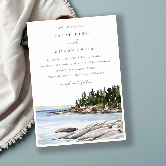 Rocky Pine Mountain Watercolor Seascape Wedding Invitation (Creator Uploaded)