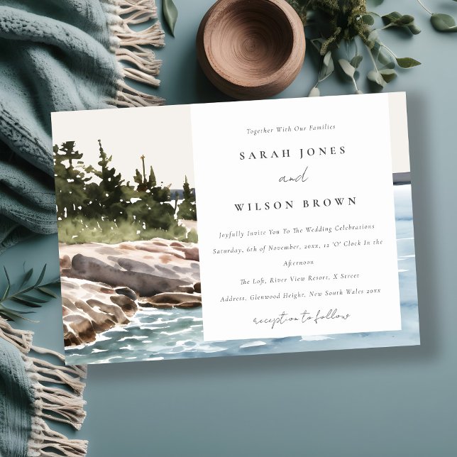 Rocky Pine Mountain Watercolor Seascape Wedding Invitation (Creator Uploaded)